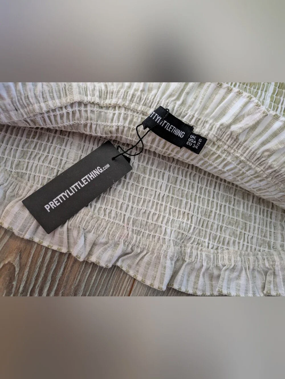 PRETTY LITTLE THING Sage Pinstripe Bandeau Frill Edge Shirred Top Co-ord 2 NWT